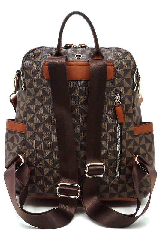 PM Monogram Striped Convertible Backpack featuring a brown geometric pattern, faux vegan leather, tan straps, gold-tone hardware, and a front zip pocket.