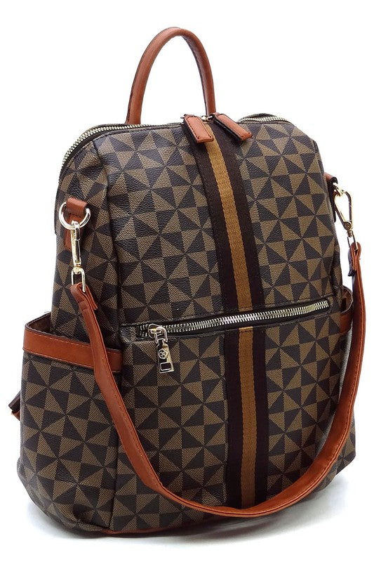 PM Monogram Striped Convertible Backpack featuring a brown geometric pattern, faux vegan leather, tan straps, gold-tone hardware, and a front zip pocket.