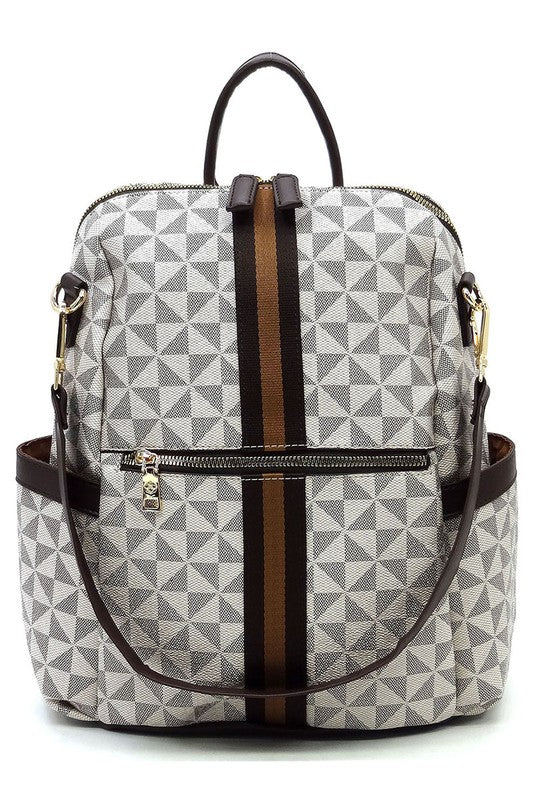 PM Monogram Striped Convertible Backpack featuring a brown geometric pattern, faux vegan leather, tan straps, gold-tone hardware, and a front zip pocket.