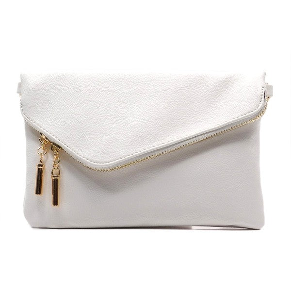 The Fashion Envelope Foldover Clutch showcases an elegant design with its purple faux leather exterior, highlighted by a gold zipper and playful tassels. It comes equipped with a wrist strap and a detachable shoulder strap, offering versatile carrying options.