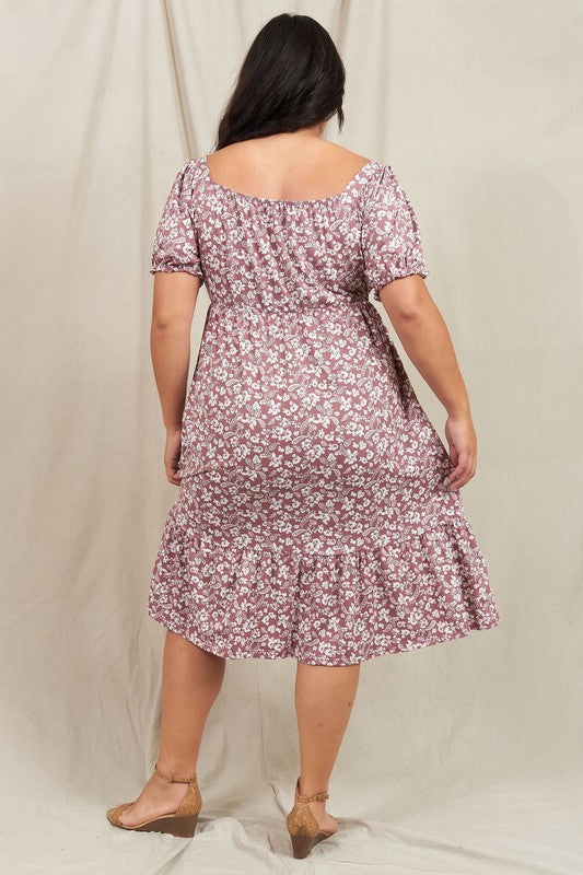 A person wearing the Paisley Floral Square Neck Puff Sleeve Boho Dress stands on a light-colored backdrop.