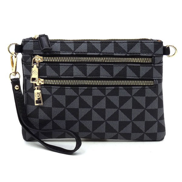 The Monogram Multi Zip Clutch Crossbody Bag Wristlet is a compact clutch with a geometric black and white triangle pattern, featuring a brown vegan leather wrist strap and gold zippers.