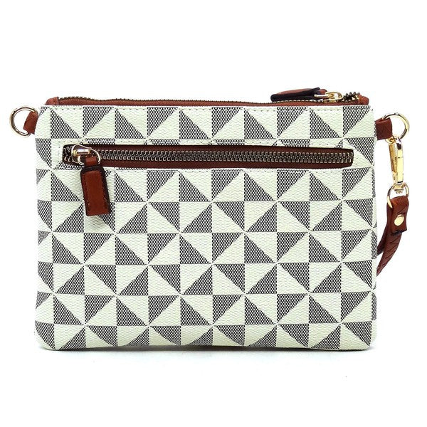 The Monogram Multi Zip Clutch Crossbody Bag Wristlet is a compact clutch with a geometric black and white triangle pattern, featuring a brown vegan leather wrist strap and gold zippers.