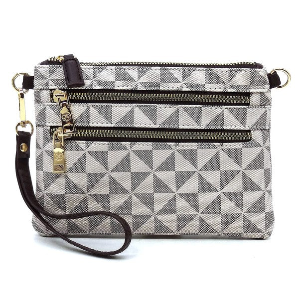 The Monogram Multi Zip Clutch Crossbody Bag Wristlet is a compact clutch with a geometric black and white triangle pattern, featuring a brown vegan leather wrist strap and gold zippers.