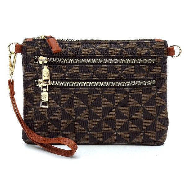 The Monogram Multi Zip Clutch Crossbody Bag Wristlet is a compact clutch with a geometric black and white triangle pattern, featuring a brown vegan leather wrist strap and gold zippers.