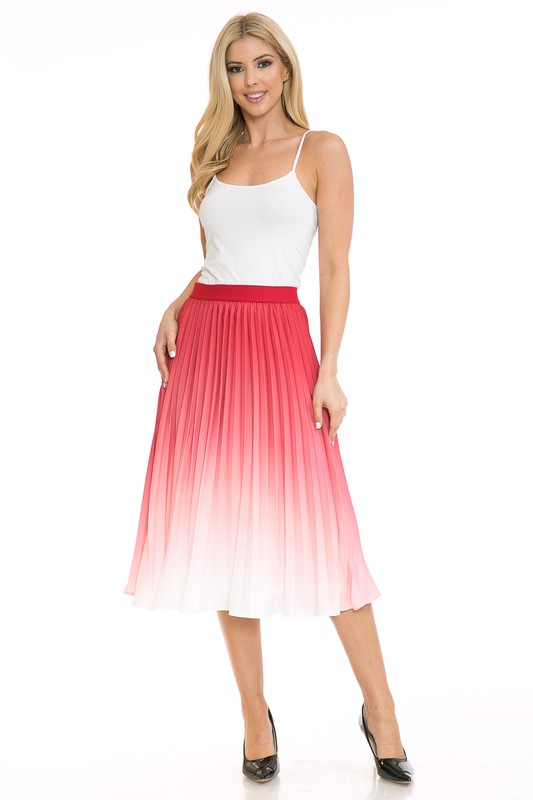 A woman with long blonde hair wears a black sleeveless top paired with the Women's High Waist Pleated A-Line Swing skirt featuring a purple to white gradient pleat and black ballet flats. She poses with one arm slightly bent and the other at her side.