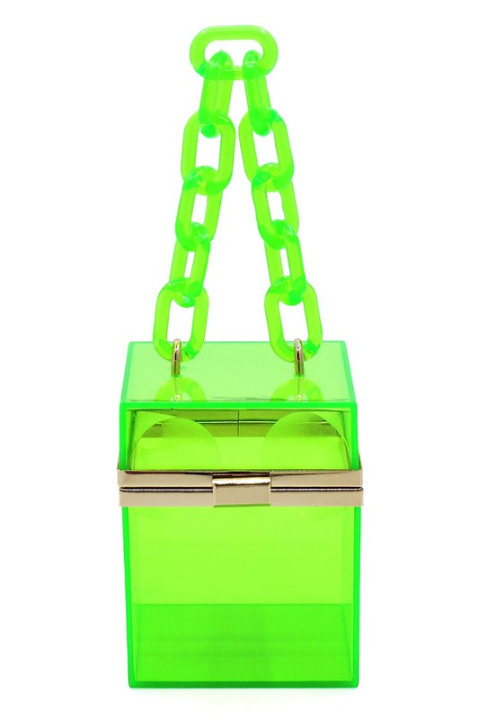 The Acrylic Chain Handle See Thru Crossbody Clutch is a neon yellow transparent box-shaped handbag featuring a chunky acrylic chain handle, a detachable chain shoulder strap, and a metal clasp.