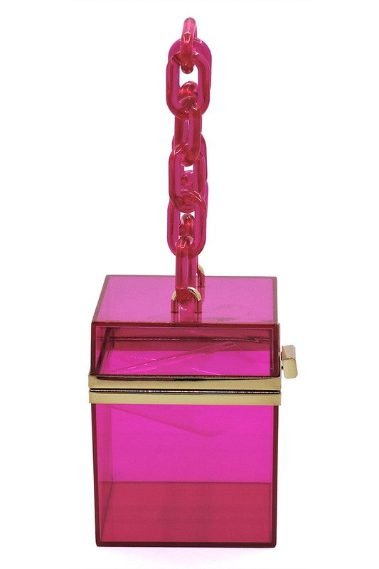 The Acrylic Chain Handle See Thru Crossbody Clutch is a neon yellow transparent box-shaped handbag featuring a chunky acrylic chain handle, a detachable chain shoulder strap, and a metal clasp.