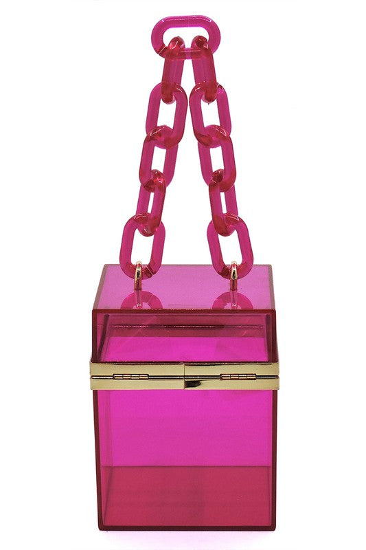 The Acrylic Chain Handle See Thru Crossbody Clutch is a neon yellow transparent box-shaped handbag featuring a chunky acrylic chain handle, a detachable chain shoulder strap, and a metal clasp.