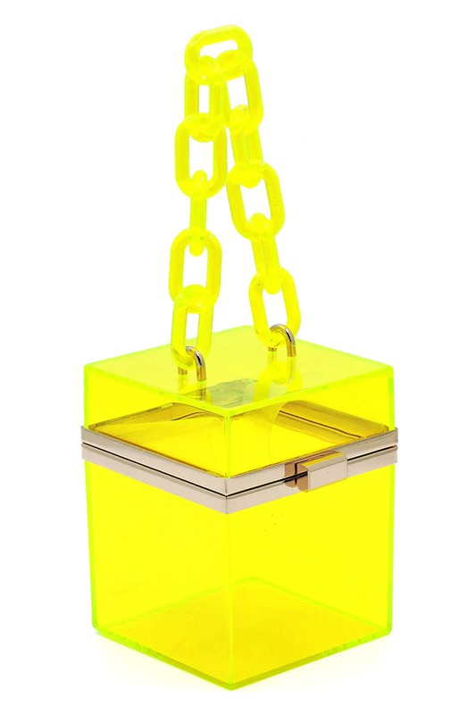 The Acrylic Chain Handle See Thru Crossbody Clutch is a neon yellow transparent box-shaped handbag featuring a chunky acrylic chain handle, a detachable chain shoulder strap, and a metal clasp.