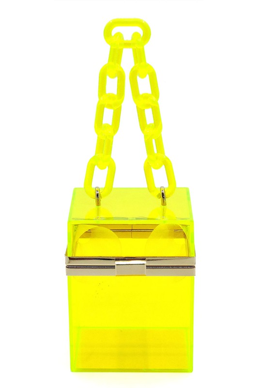 The Acrylic Chain Handle See Thru Crossbody Clutch is a neon yellow transparent box-shaped handbag featuring a chunky acrylic chain handle, a detachable chain shoulder strap, and a metal clasp.