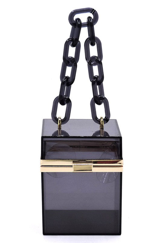 The Acrylic Chain Handle See Thru Crossbody Clutch is a neon yellow transparent box-shaped handbag featuring a chunky acrylic chain handle, a detachable chain shoulder strap, and a metal clasp.