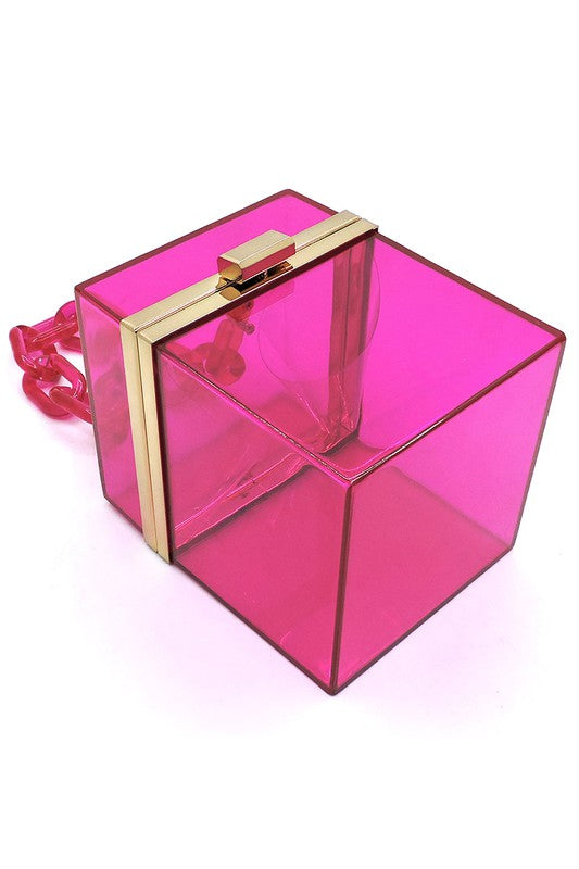 The Acrylic Chain Handle See Thru Crossbody Clutch is a neon yellow transparent box-shaped handbag featuring a chunky acrylic chain handle, a detachable chain shoulder strap, and a metal clasp.