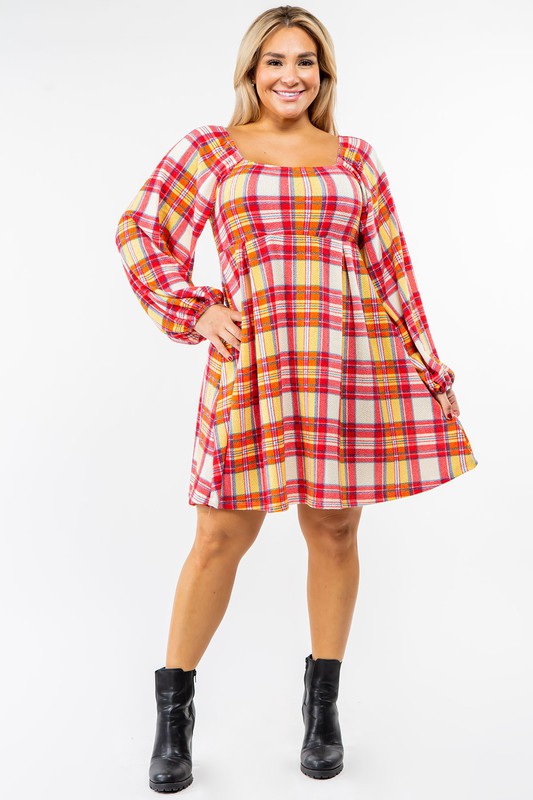 A person is wearing the Plus Plaid Balloon Sleeve Midi Dress, which features a red, yellow, and white plaid pattern with long balloon sleeves and a square neckline, crafted from a soft Polyester Spandex blend.