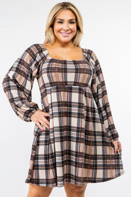 A person is wearing the Plus Plaid Balloon Sleeve Midi Dress, which features a red, yellow, and white plaid pattern with long balloon sleeves and a square neckline, crafted from a soft Polyester Spandex blend.