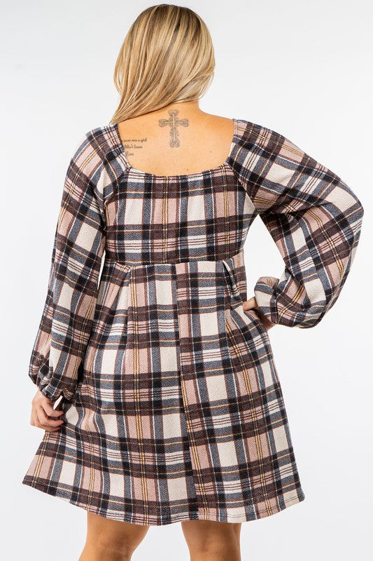 A person is wearing the Plus Plaid Balloon Sleeve Midi Dress, which features a red, yellow, and white plaid pattern with long balloon sleeves and a square neckline, crafted from a soft Polyester Spandex blend.