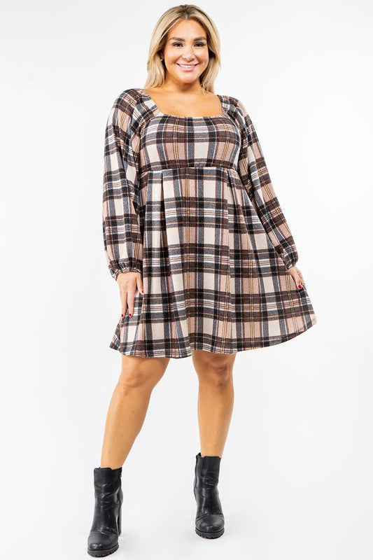 A person is wearing the Plus Plaid Balloon Sleeve Midi Dress, which features a red, yellow, and white plaid pattern with long balloon sleeves and a square neckline, crafted from a soft Polyester Spandex blend.