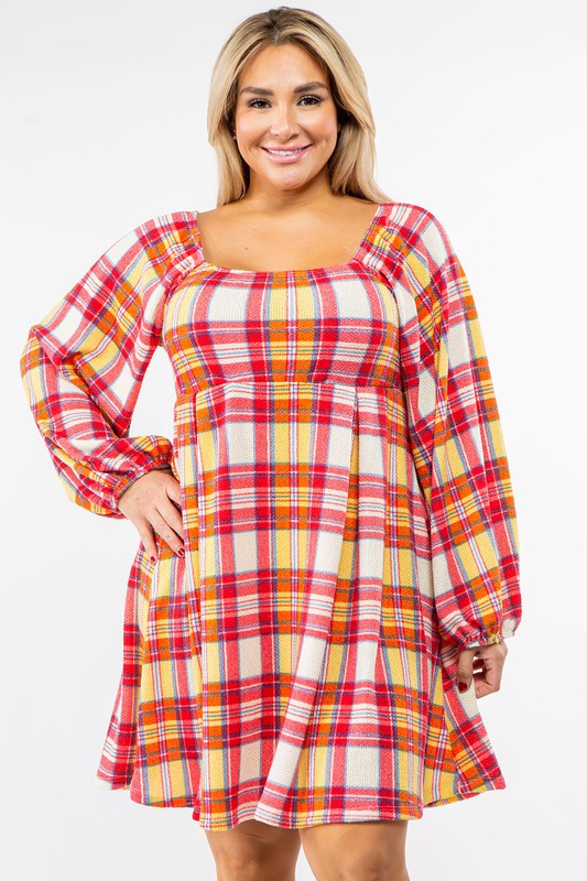 A person is wearing the Plus Plaid Balloon Sleeve Midi Dress, which features a red, yellow, and white plaid pattern with long balloon sleeves and a square neckline, crafted from a soft Polyester Spandex blend.