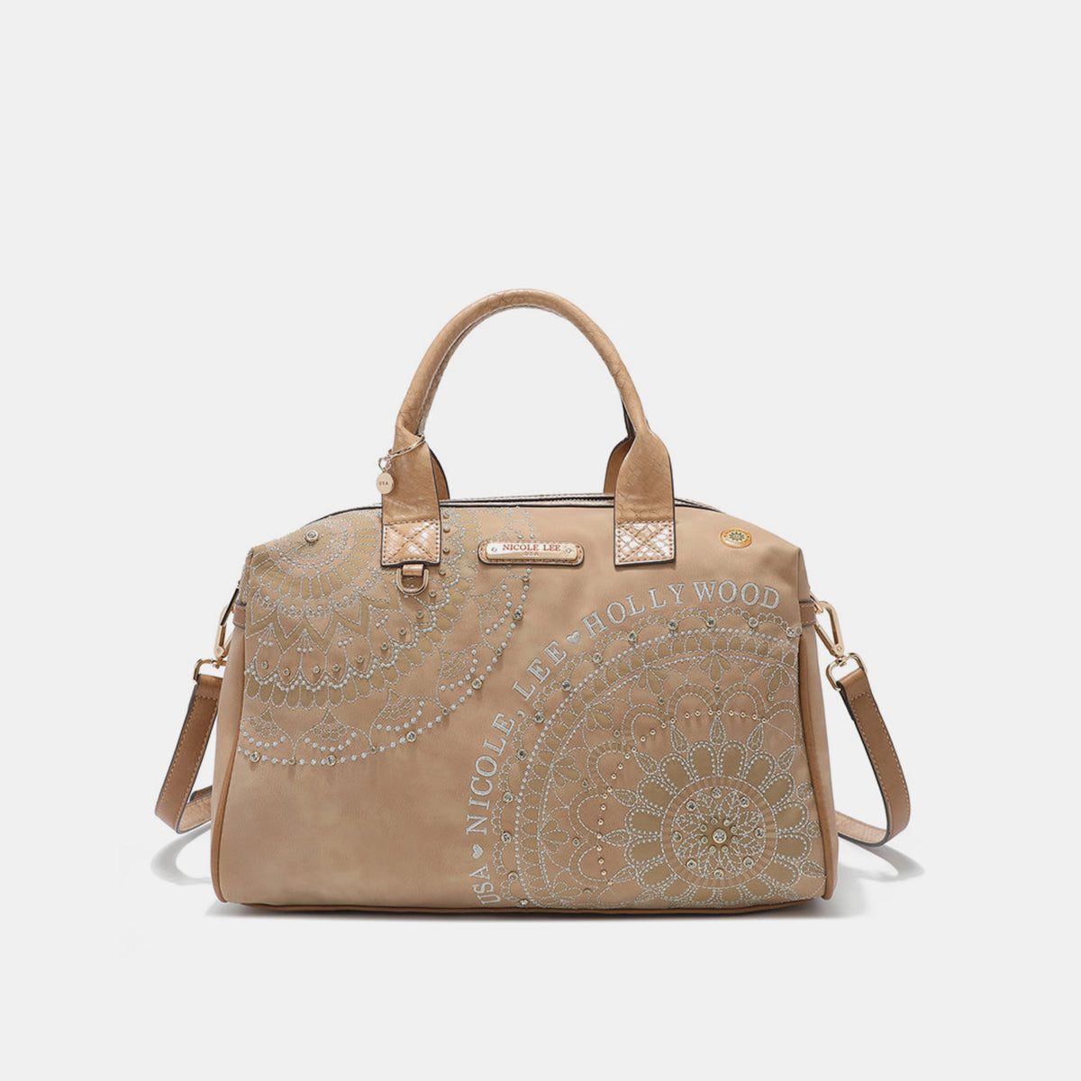 A beige Nicole Lee USA rhinestone Decor Boston Bag with short handles and a rounded top, featuring intricate floral patterns and the text "Nicole Lee Hollywood USA" in white, crafted from vegan leather.