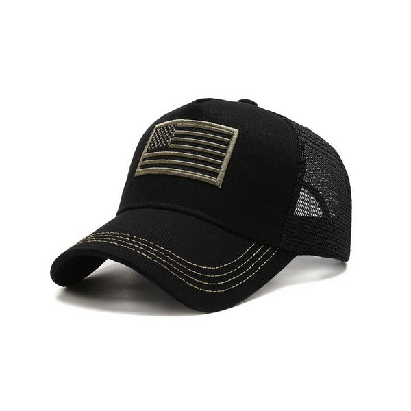 American Flag Unisex Trucker Hat with a navy blue front panel and breathable mesh back panel, perfect for outdoor activities.