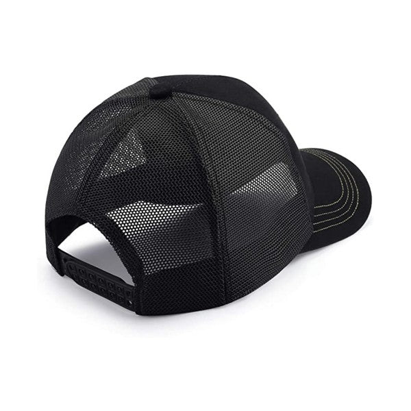 American Flag Unisex Trucker Hat with a navy blue front panel and breathable mesh back panel, perfect for outdoor activities.