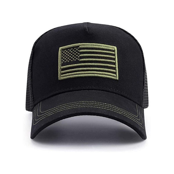 American Flag Unisex Trucker Hat with a navy blue front panel and breathable mesh back panel, perfect for outdoor activities.
