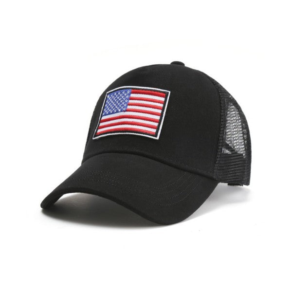 American Flag Unisex Trucker Hat with a navy blue front panel and breathable mesh back panel, perfect for outdoor activities.