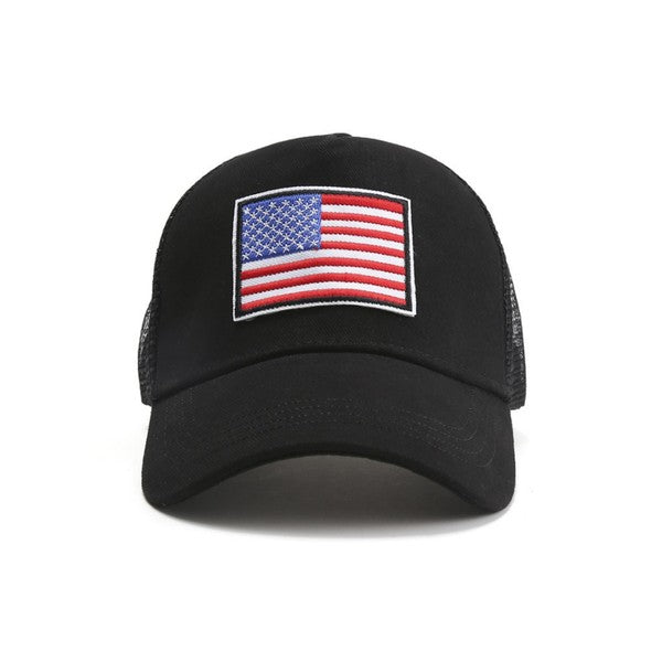 American Flag Unisex Trucker Hat with a navy blue front panel and breathable mesh back panel, perfect for outdoor activities.