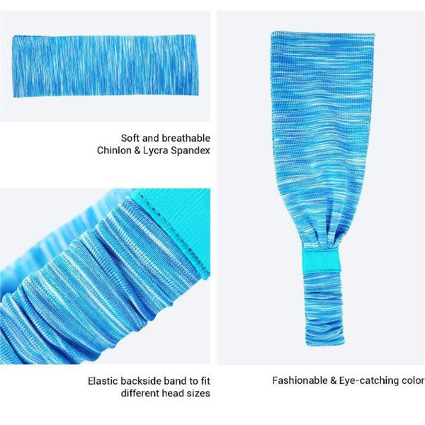 Woman with an Extra-Wide Sport Headband against a blue wall.