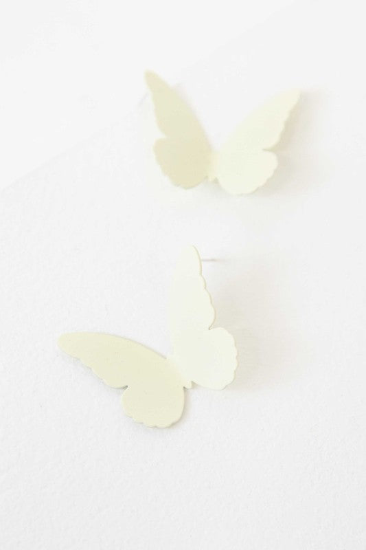 Flutter Post Earrings in a gradient from yellow to pink arranged in a diagonal line on a white background.