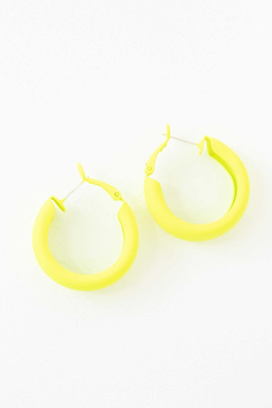 Two pairs of Eclectic Hoop Earrings, one neon pink and one yellow, against a white background.