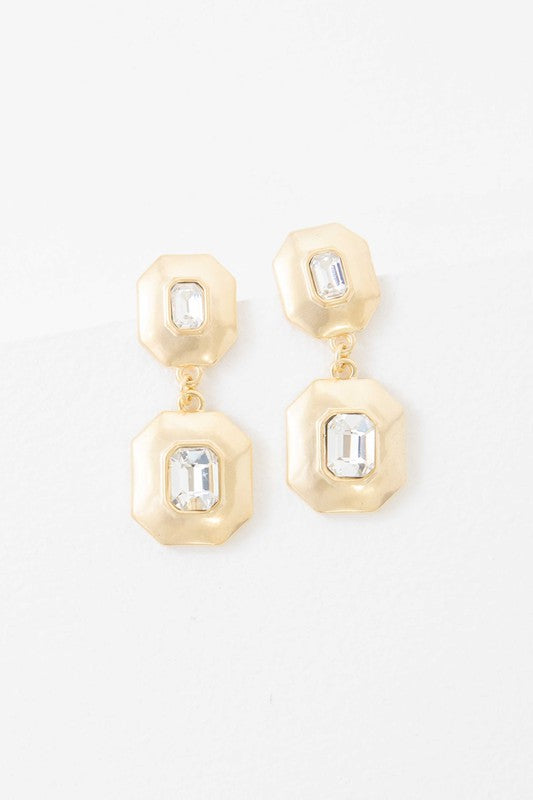 Avant Drop Earrings with clear rectangular gemstone accents.