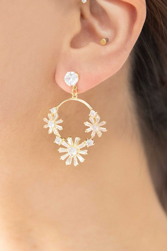 A pair of Meadow Drop Earrings with floral crystal embellishments against a white background.