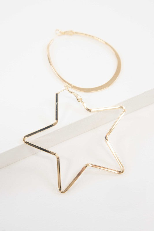 2D Shapes Asymmetrical Hoop Earrings with 14k gold plating on a white surface.