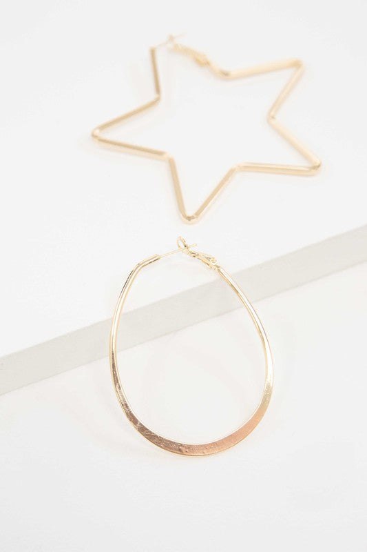 2D Shapes Asymmetrical Hoop Earrings with 14k gold plating on a white surface.