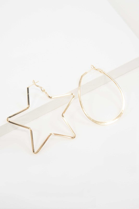 2D Shapes Asymmetrical Hoop Earrings with 14k gold plating on a white surface.
