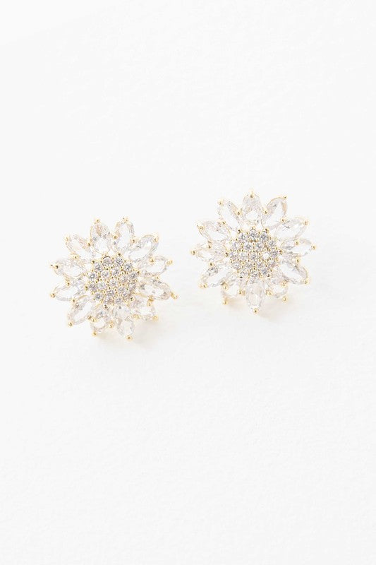 Pair of Aurora Stud Earrings with gemstone embellishments on a white background.