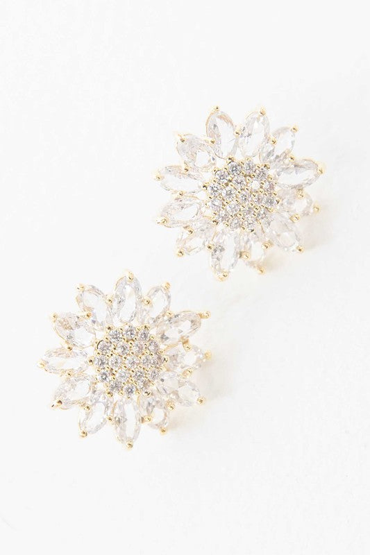 Pair of Aurora Stud Earrings with gemstone embellishments on a white background.