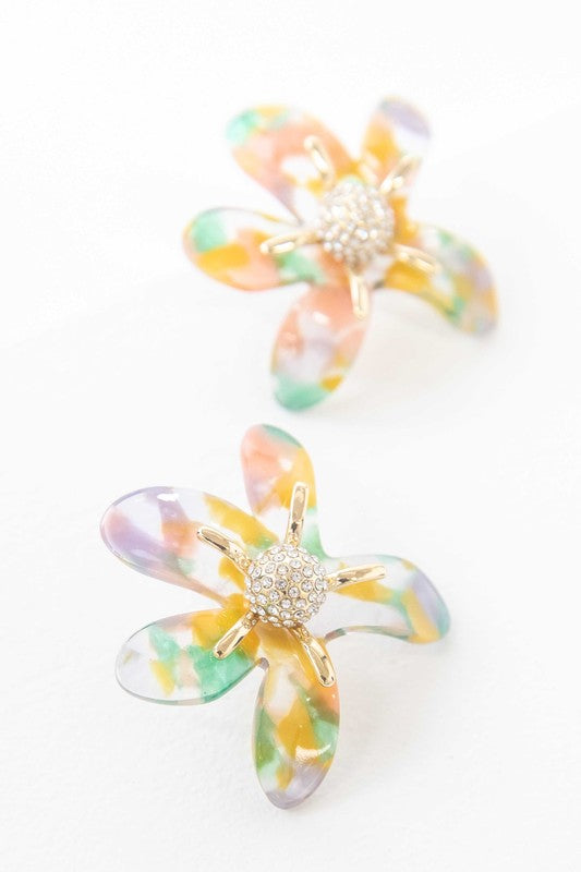 Flower Power Post Earrings with rhinestone centers on a white background.