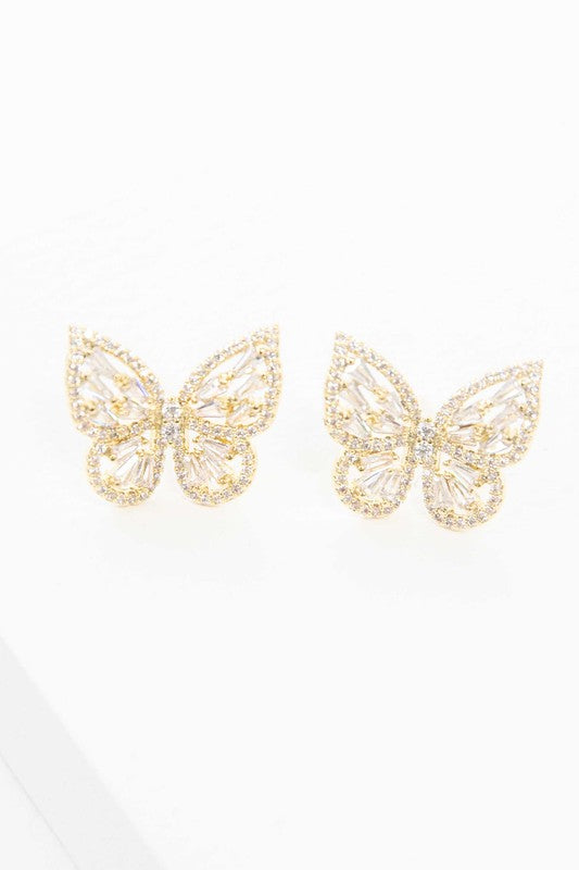 Sentence with product name: A pair of Crystal Butterfly Earrings Gold adorned with sparkling stones and a sterling silver post.