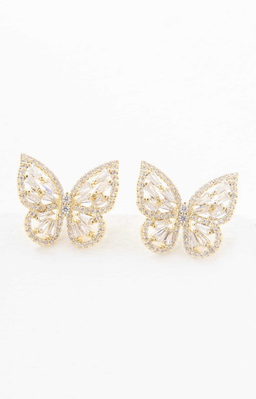 Sentence with product name: A pair of Crystal Butterfly Earrings Gold adorned with sparkling stones and a sterling silver post.
