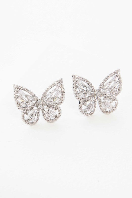 A pair of Crystal Butterfly Earrings Silver with sterling silver posts.