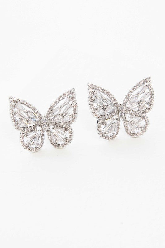 A pair of Crystal Butterfly Earrings Silver with sterling silver posts.