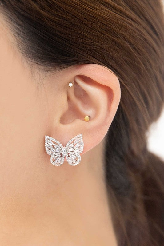 A pair of Crystal Butterfly Earrings Silver with sterling silver posts.