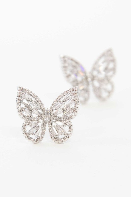 A pair of Crystal Butterfly Earrings Silver with sterling silver posts.
