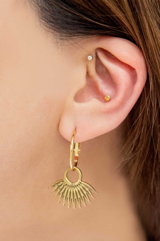 Palm Drop Hoop Earrings with palm design charm on a white background.