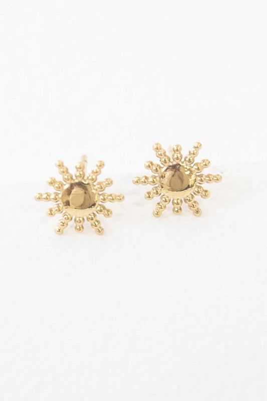Pair of Sunnyside stud earrings with 14k gold plating on a white background.