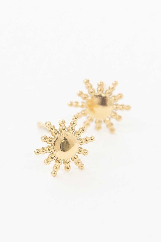 Pair of Sunnyside stud earrings with 14k gold plating on a white background.