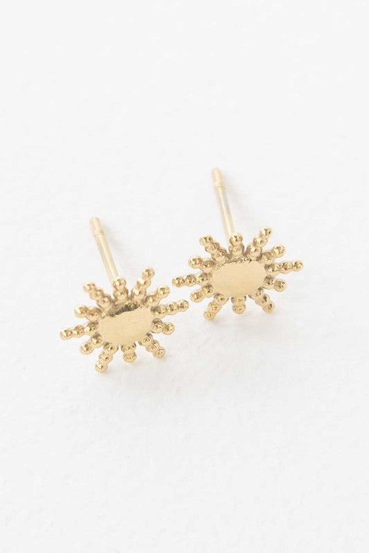 Pair of Sunnyside stud earrings with 14k gold plating on a white background.