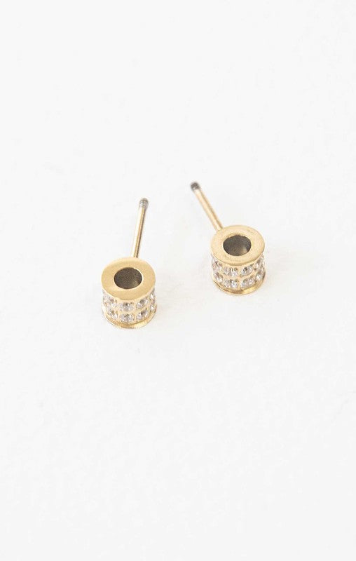 Pair of Barrel Stone Earrings on a white background.